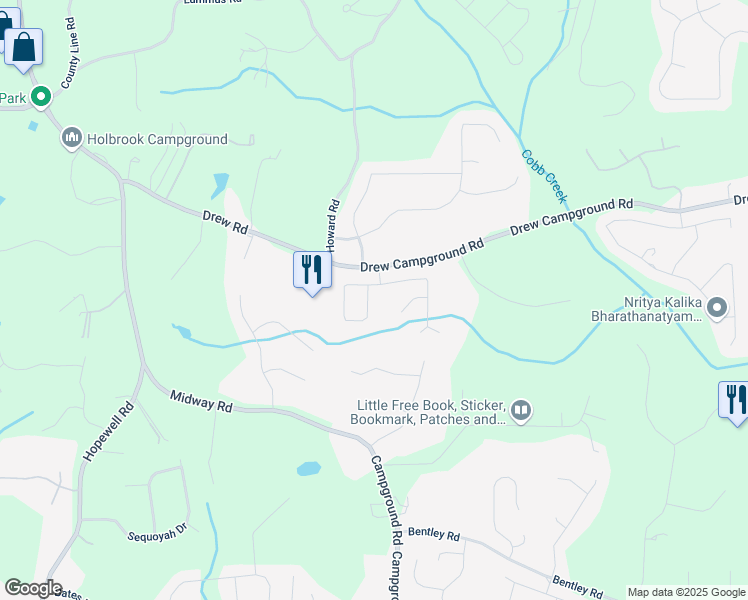 map of restaurants, bars, coffee shops, grocery stores, and more near 4375 Mossbrook Circle in Cumming