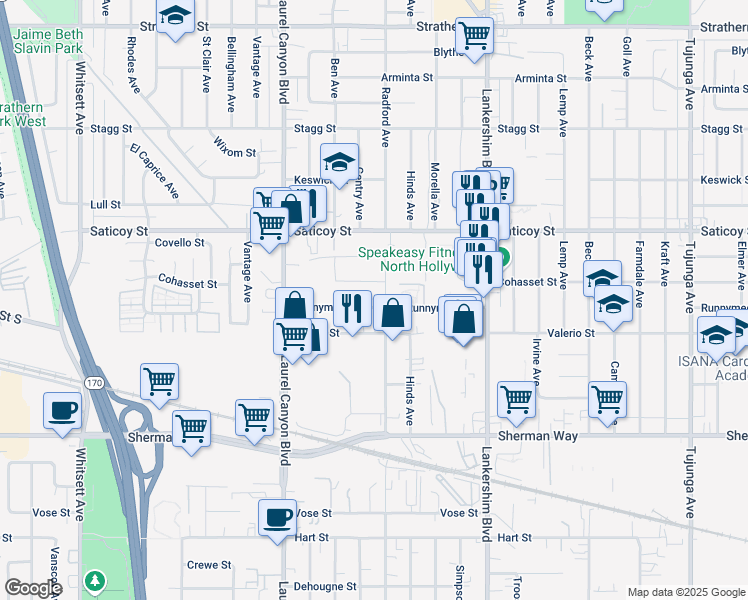 map of restaurants, bars, coffee shops, grocery stores, and more near 11841 Runnymede Street in Los Angeles
