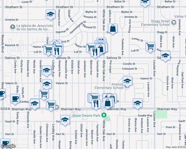 map of restaurants, bars, coffee shops, grocery stores, and more near 7442 Balcom Avenue in Los Angeles