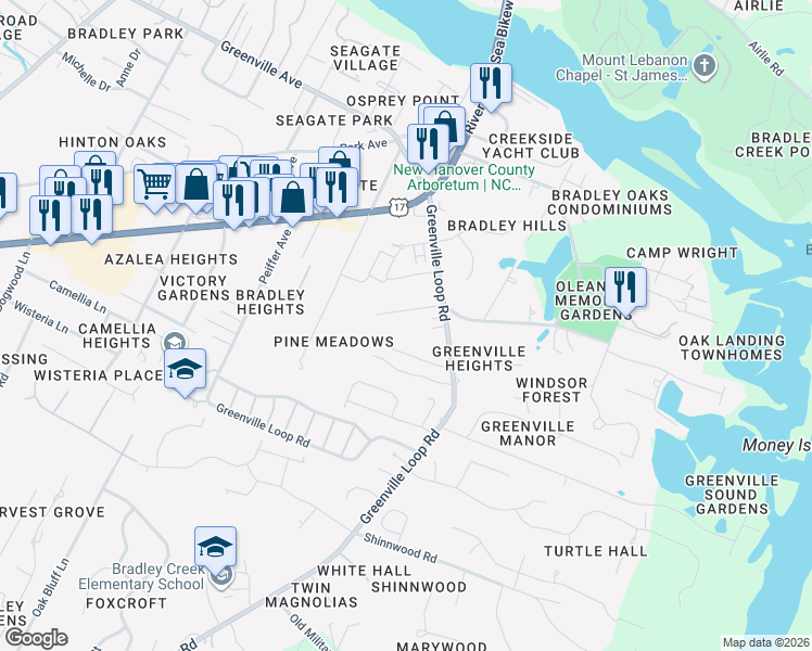 map of restaurants, bars, coffee shops, grocery stores, and more near 6126 Bailey Buck Rd in Wilmington