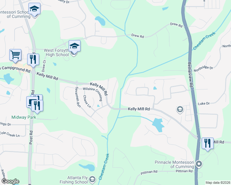 map of restaurants, bars, coffee shops, grocery stores, and more near 4860 Bantry Way in Cumming