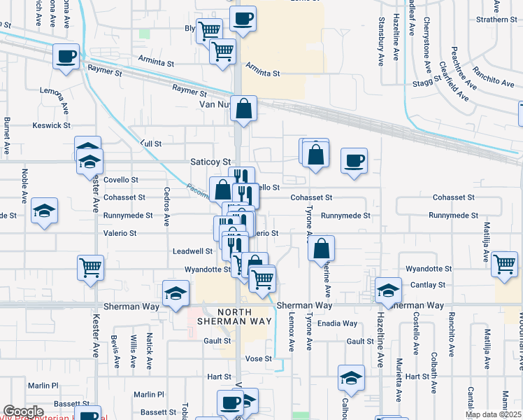 map of restaurants, bars, coffee shops, grocery stores, and more near 7446 Sylmar Avenue in Los Angeles