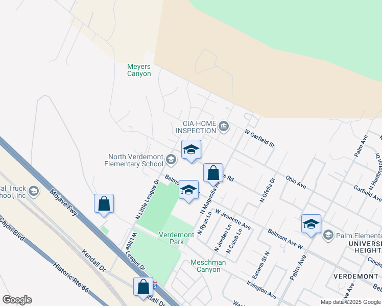 map of restaurants, bars, coffee shops, grocery stores, and more near 3471 West Poppet Street in San Bernardino