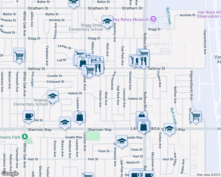 map of restaurants, bars, coffee shops, grocery stores, and more near 7439 Amestoy Avenue in Los Angeles