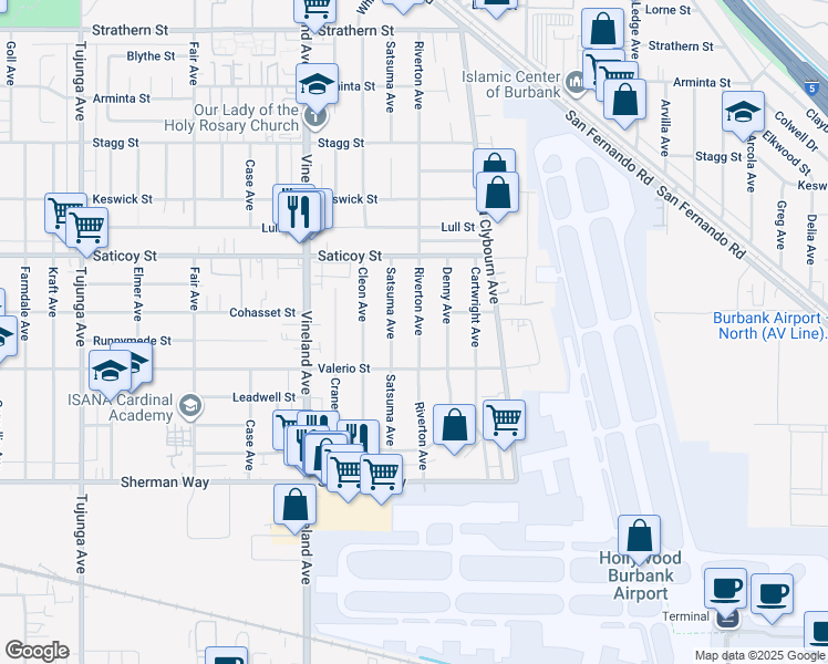 map of restaurants, bars, coffee shops, grocery stores, and more near 7441 Riverton Avenue in Los Angeles
