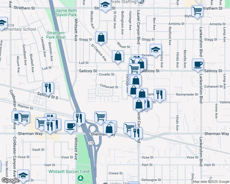 map of restaurants, bars, coffee shops, grocery stores, and more near 12218 Leayn Court in Los Angeles