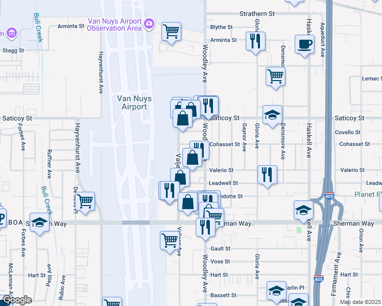 map of restaurants, bars, coffee shops, grocery stores, and more near 16135 Runnymede Street in Los Angeles