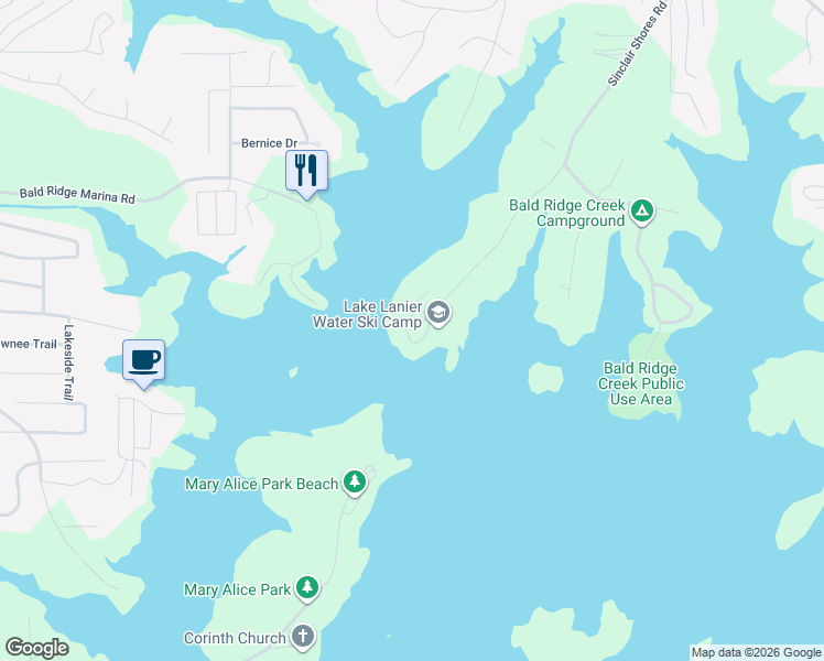 map of restaurants, bars, coffee shops, grocery stores, and more near 4250 Sinclair Shores Road in Cumming