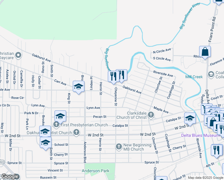 map of restaurants, bars, coffee shops, grocery stores, and more near 1514 Ronald Court in Clarksdale