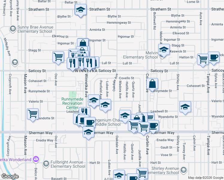 map of restaurants, bars, coffee shops, grocery stores, and more near 7447 Oakdale Avenue in Los Angeles