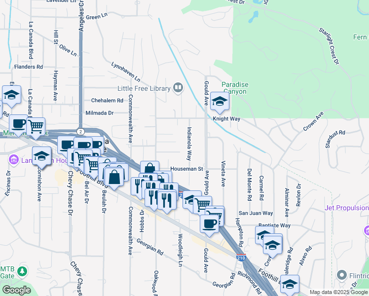 map of restaurants, bars, coffee shops, grocery stores, and more near 4841 Indianola Way in La Cañada Flintridge