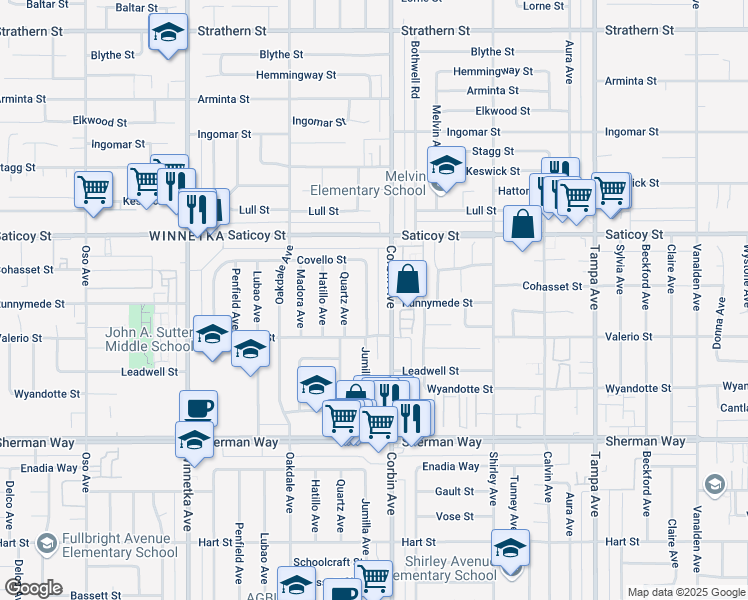 map of restaurants, bars, coffee shops, grocery stores, and more near 7444 Jumilla Avenue in Los Angeles