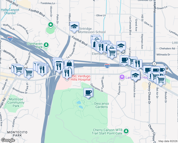 map of restaurants, bars, coffee shops, grocery stores, and more near 1607 Verdugo Boulevard in La Cañada Flintridge