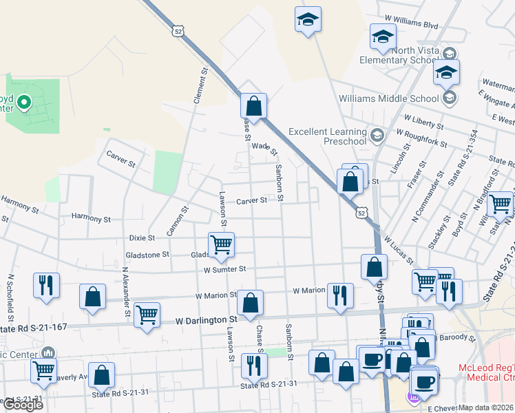 map of restaurants, bars, coffee shops, grocery stores, and more near 710 Chase Street in Florence