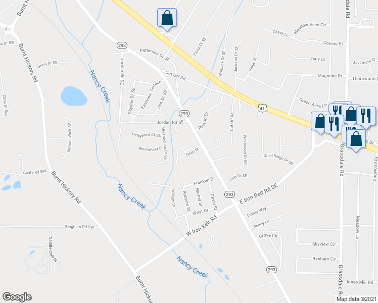 map of restaurants, bars, coffee shops, grocery stores, and more near 14 Dean Manor Way in Cartersville
