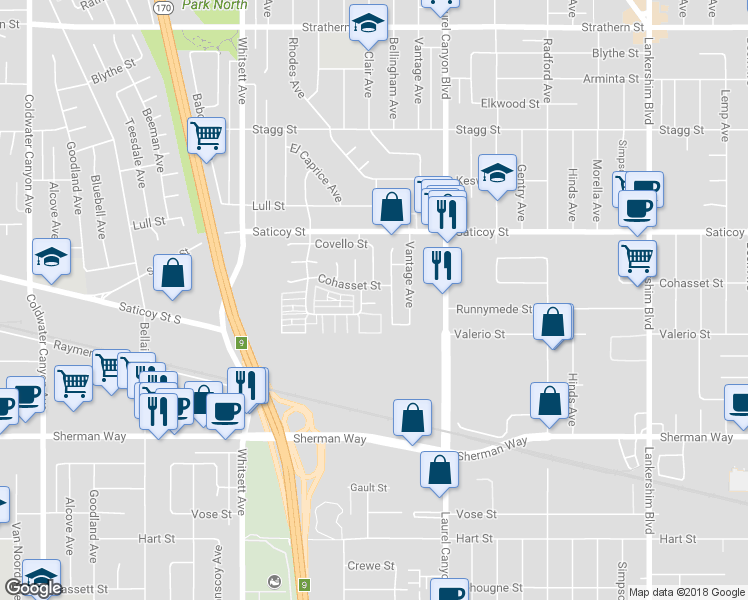 map of restaurants, bars, coffee shops, grocery stores, and more near 12228 Leayn Court in Los Angeles