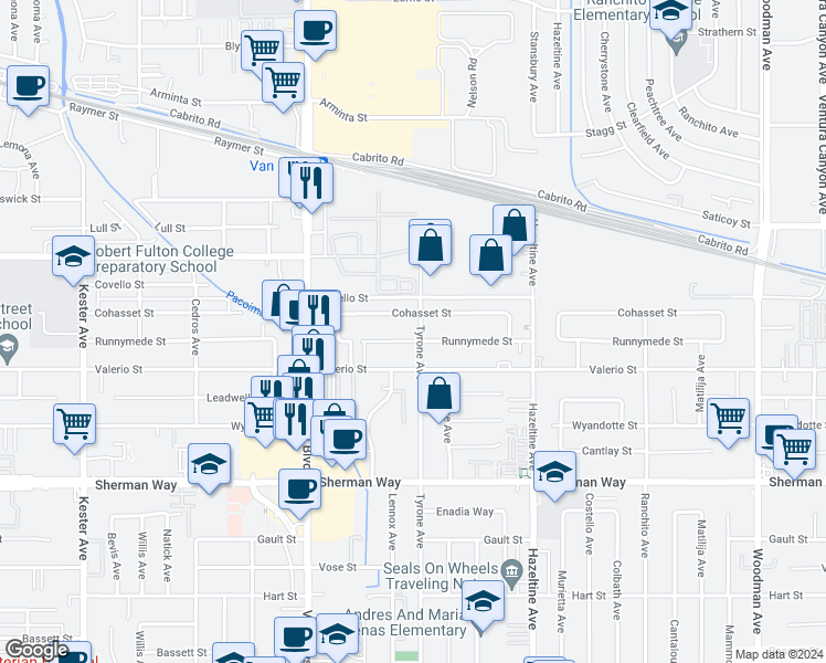 map of restaurants, bars, coffee shops, grocery stores, and more near 7443 Tyrone Avenue in Los Angeles