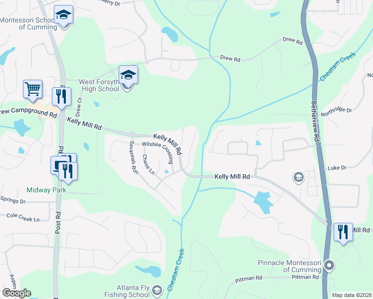 map of restaurants, bars, coffee shops, grocery stores, and more near 4855 Bantry Way in Cumming