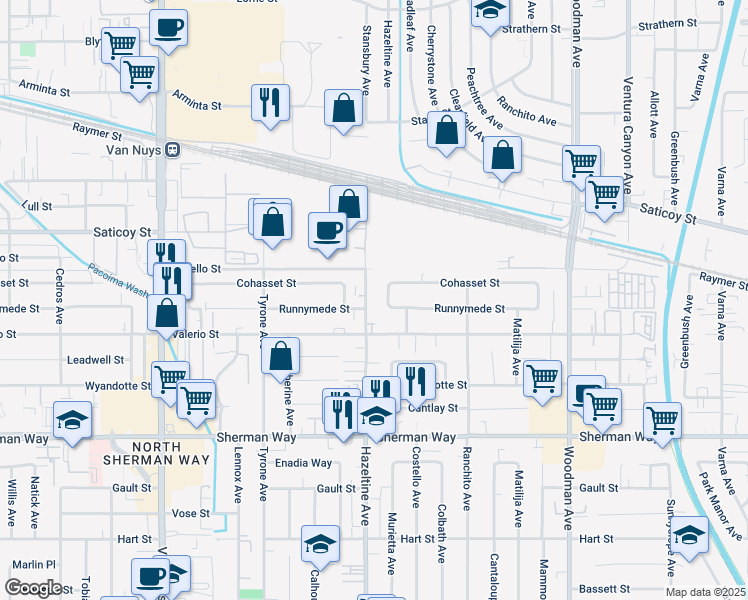 map of restaurants, bars, coffee shops, grocery stores, and more near 7442 Hazeltine Avenue in Los Angeles