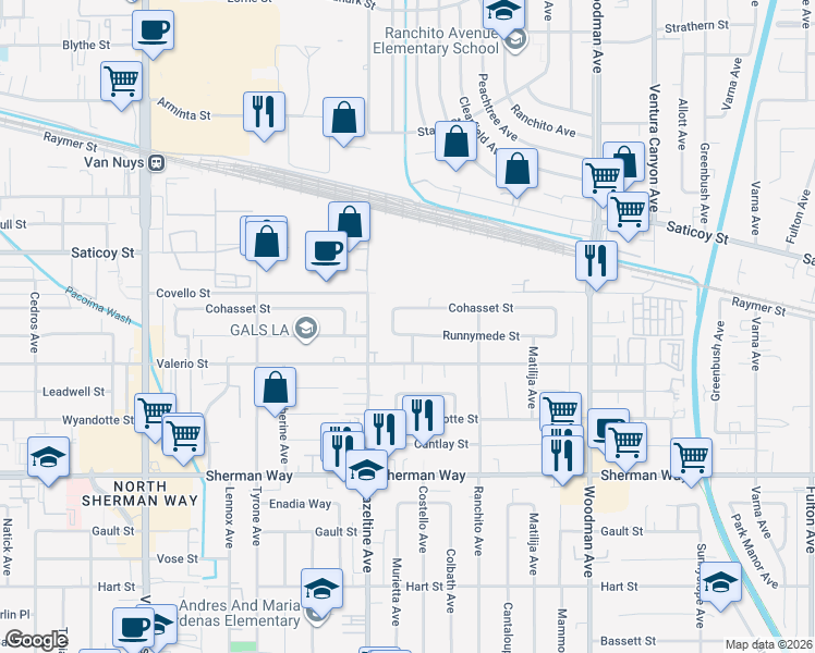 map of restaurants, bars, coffee shops, grocery stores, and more near 14019 Runnymede Street in Los Angeles