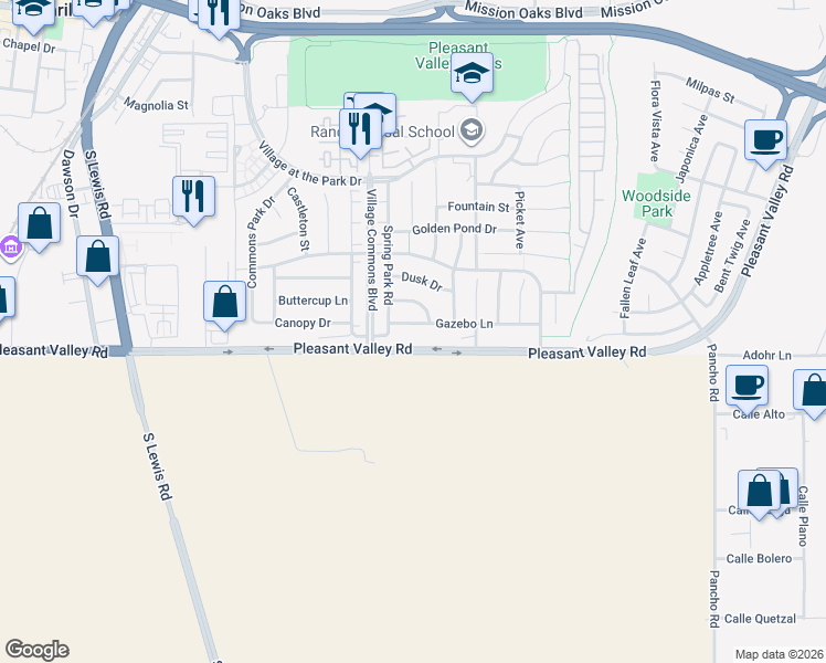 map of restaurants, bars, coffee shops, grocery stores, and more near 3504 Gazebo Lane in Camarillo