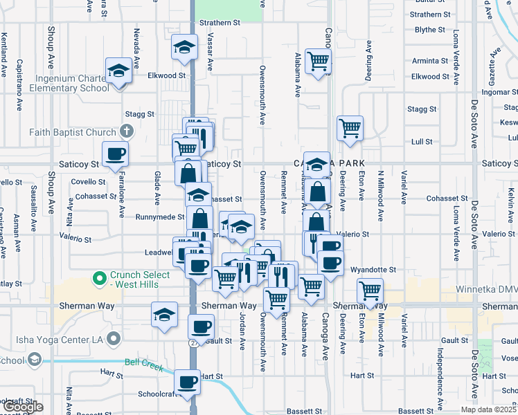 map of restaurants, bars, coffee shops, grocery stores, and more near 7449 Owensmouth Avenue in Los Angeles