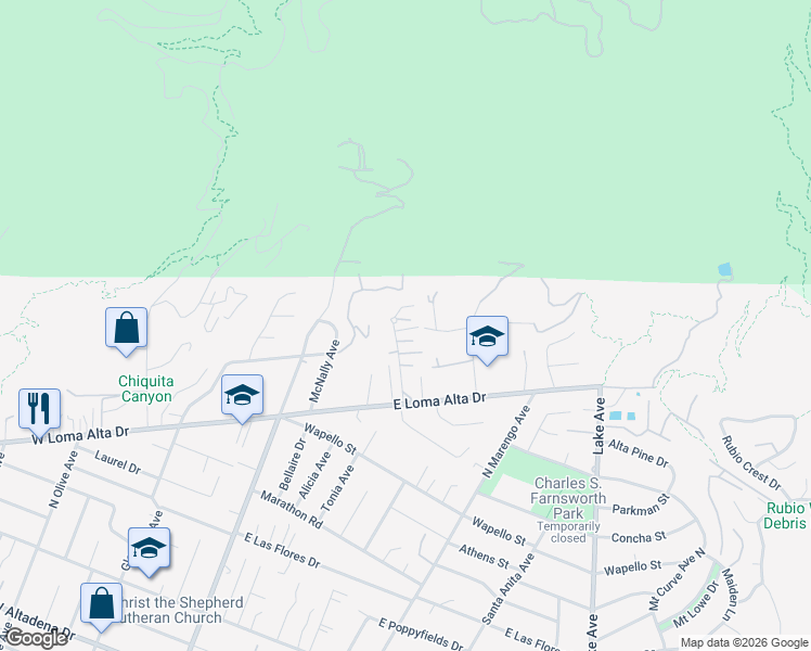 map of restaurants, bars, coffee shops, grocery stores, and more near 3552 Hollyslope Road in Altadena