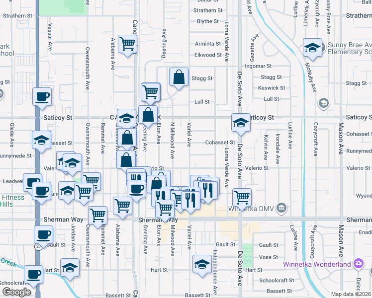 map of restaurants, bars, coffee shops, grocery stores, and more near 7449 Variel Avenue in Los Angeles