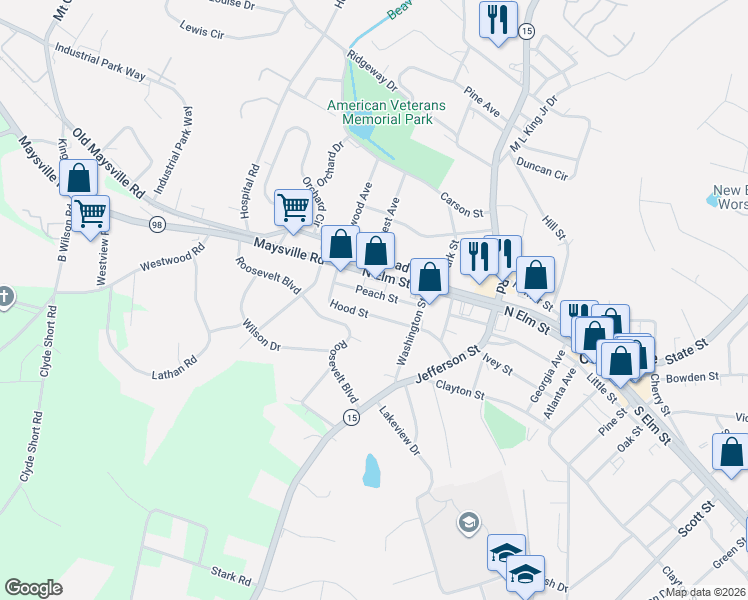map of restaurants, bars, coffee shops, grocery stores, and more near 117 Peach Street in Commerce