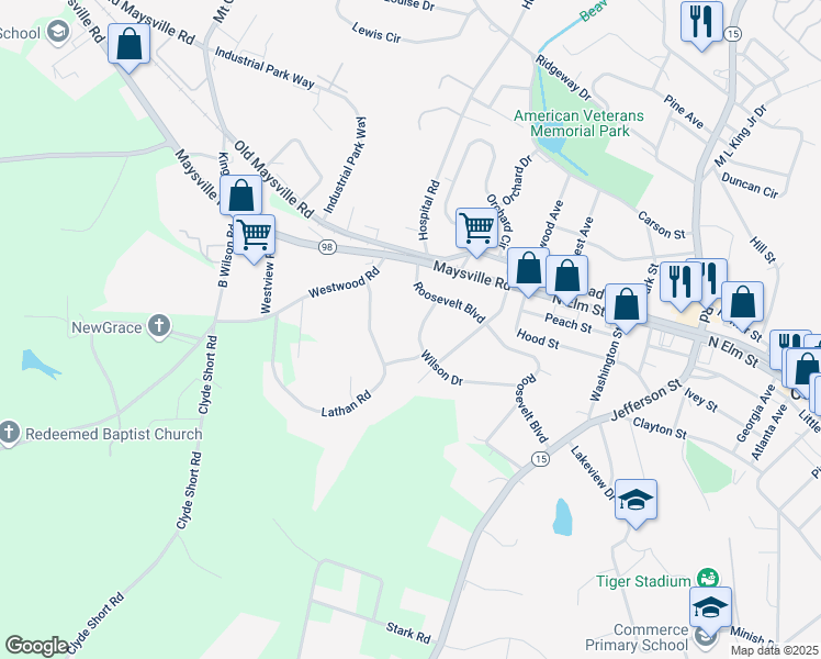 map of restaurants, bars, coffee shops, grocery stores, and more near 84 Wilson Drive in Commerce