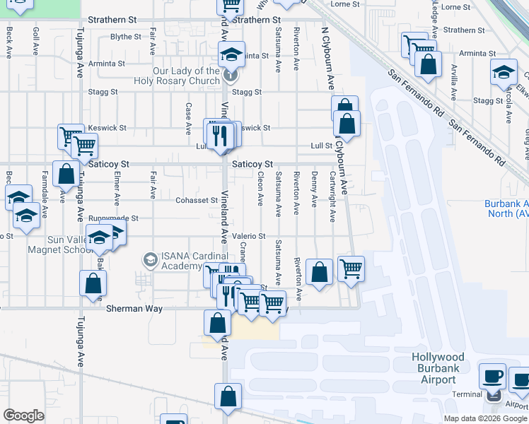map of restaurants, bars, coffee shops, grocery stores, and more near 7442 Cleon Avenue in Los Angeles