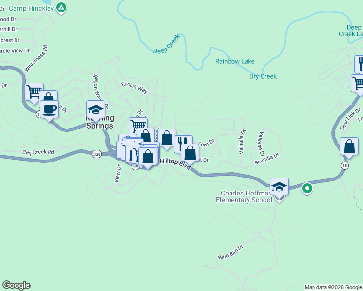 map of restaurants, bars, coffee shops, grocery stores, and more near 32133 Hunsaker Way in Running Springs