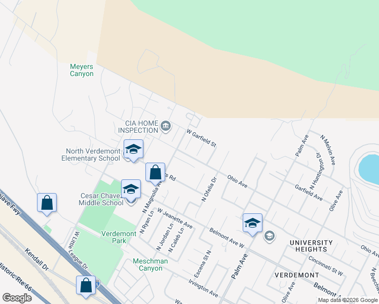 map of restaurants, bars, coffee shops, grocery stores, and more near 6909 Jasmine Court in San Bernardino