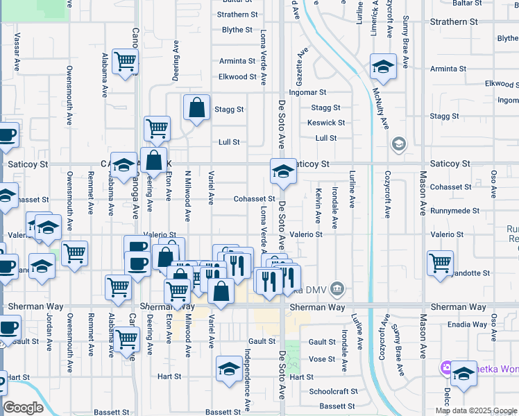 map of restaurants, bars, coffee shops, grocery stores, and more near 7447 Loma Verde Avenue in Los Angeles
