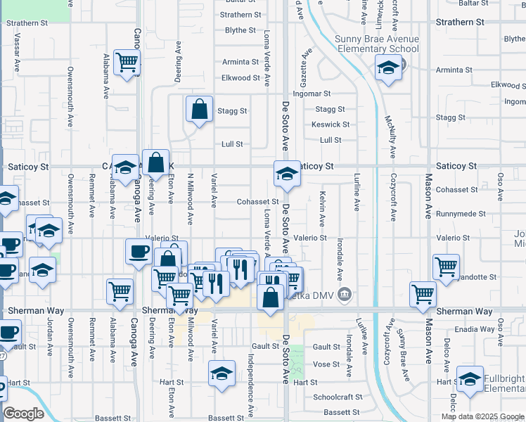 map of restaurants, bars, coffee shops, grocery stores, and more near 7447 Loma Verde Avenue in Los Angeles