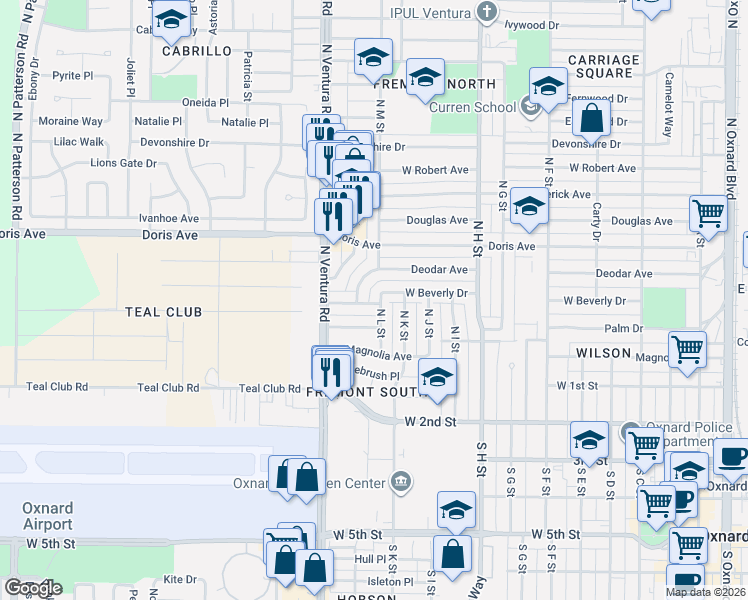 map of restaurants, bars, coffee shops, grocery stores, and more near 403 North L Street in Oxnard