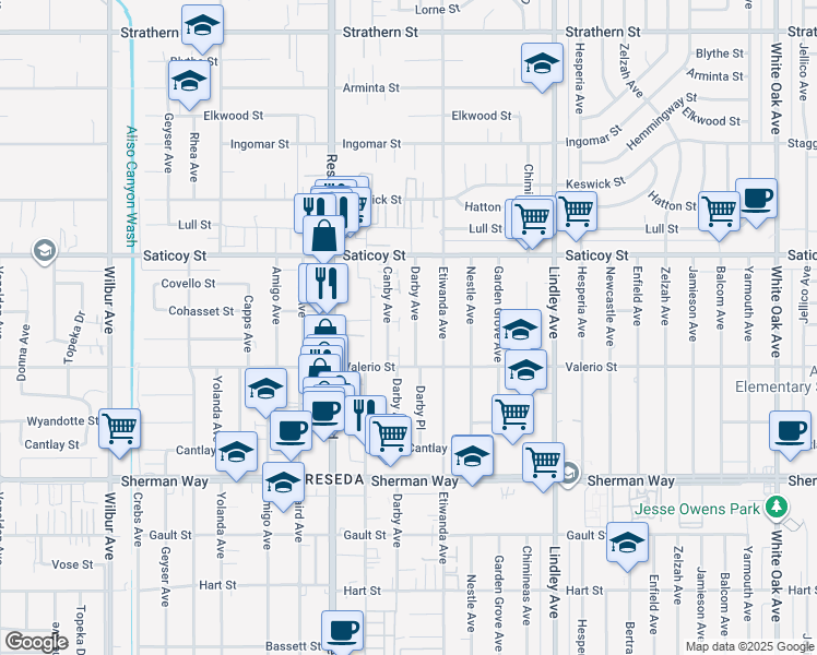 map of restaurants, bars, coffee shops, grocery stores, and more near 7441 Darby Avenue in Los Angeles