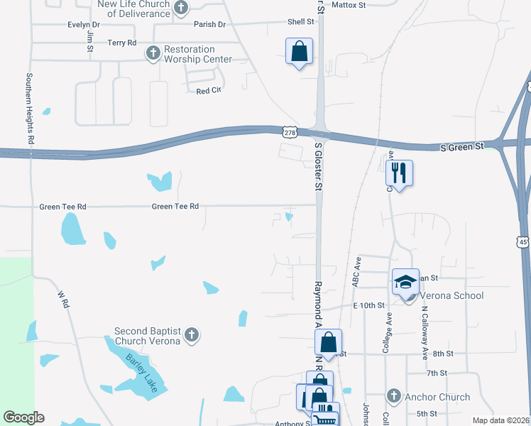 map of restaurants, bars, coffee shops, grocery stores, and more near 1179 Green Tee Road in Tupelo
