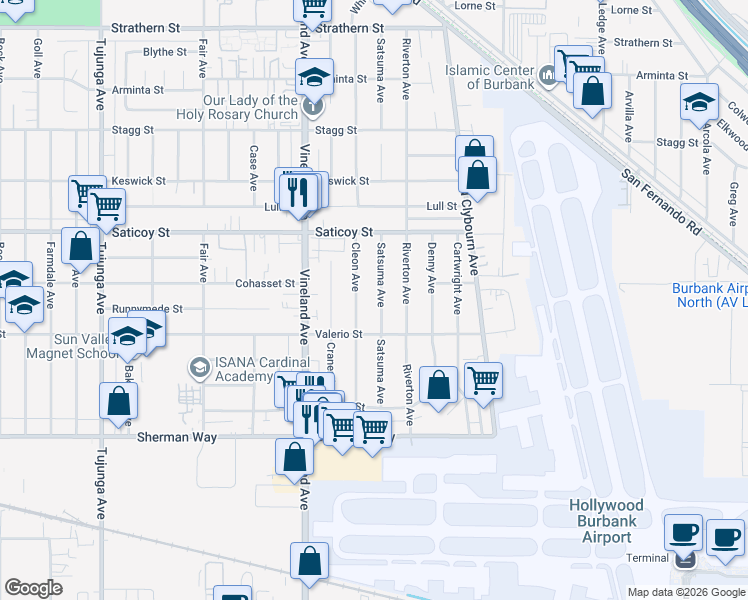 map of restaurants, bars, coffee shops, grocery stores, and more near 7442 Cleon Avenue in Los Angeles