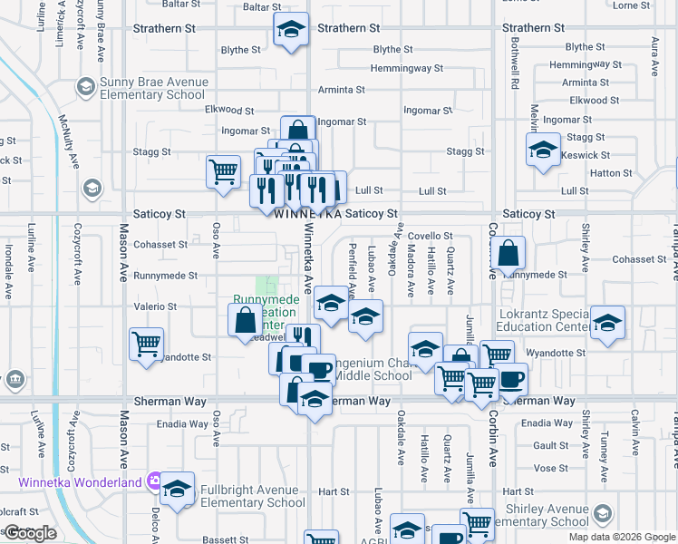 map of restaurants, bars, coffee shops, grocery stores, and more near 7445 Penfield Avenue in Los Angeles