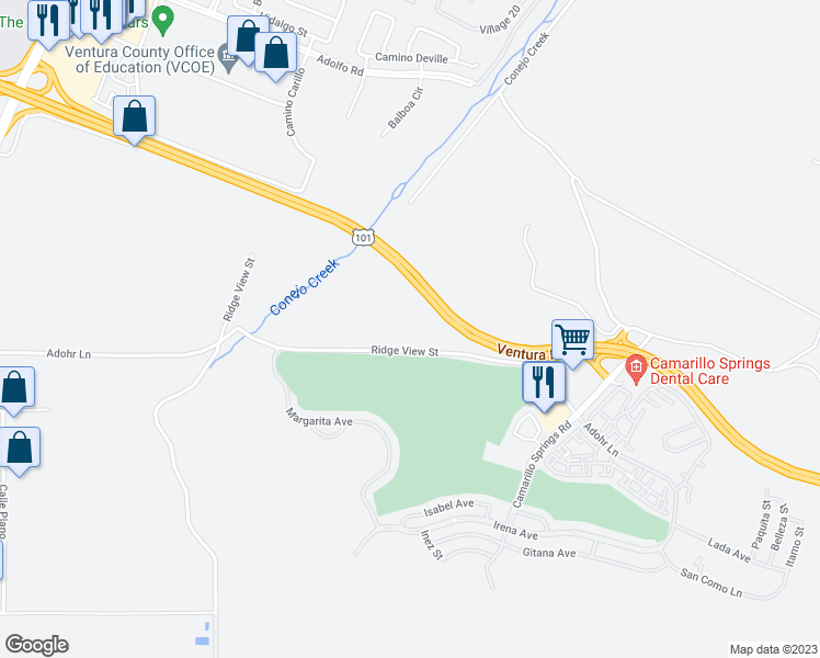 map of restaurants, bars, coffee shops, grocery stores, and more near Ridge View Street in Camarillo