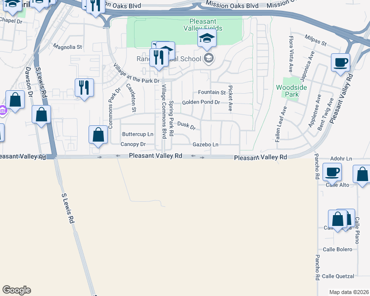 map of restaurants, bars, coffee shops, grocery stores, and more near 3504 Gazebo Lane in Camarillo