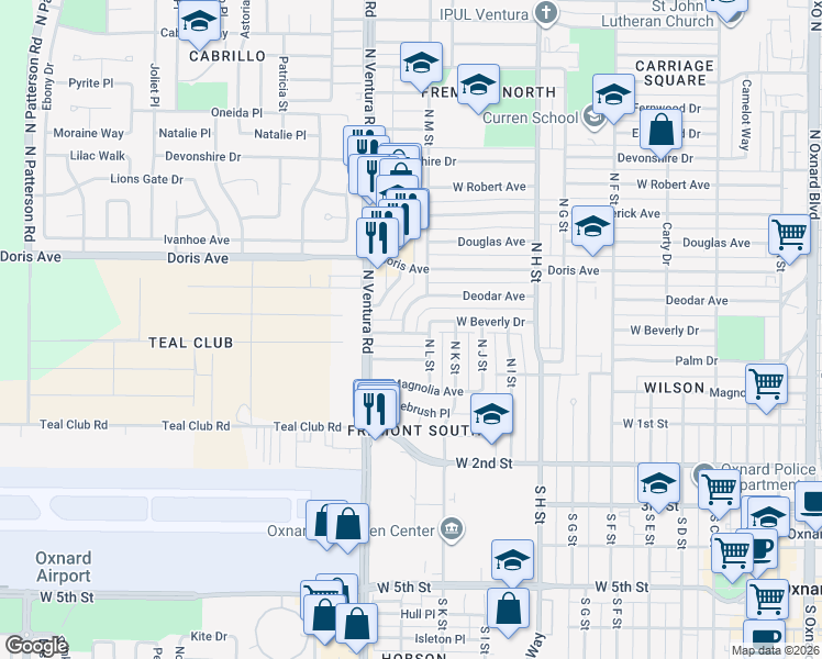 map of restaurants, bars, coffee shops, grocery stores, and more near 402 North M Street in Oxnard
