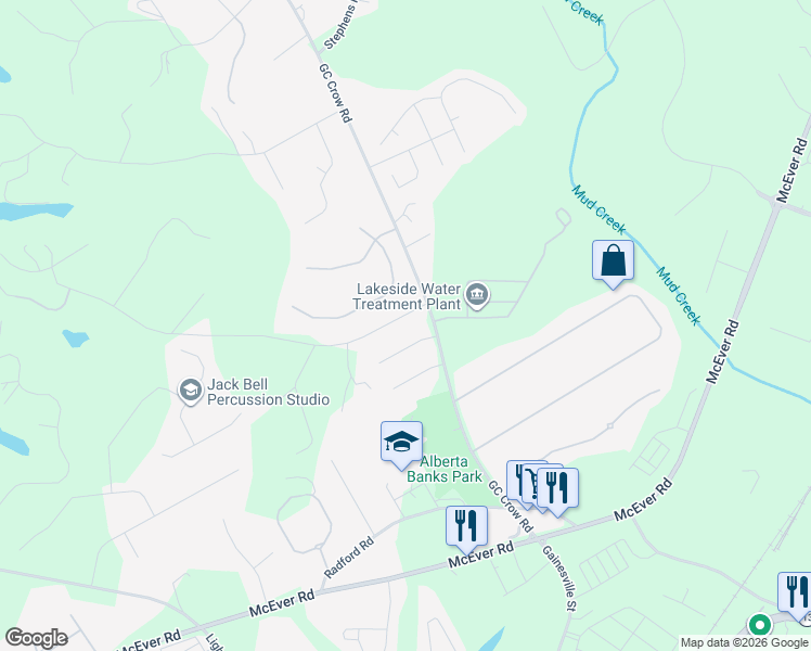 map of restaurants, bars, coffee shops, grocery stores, and more near 5671 Conner Road in Flowery Branch