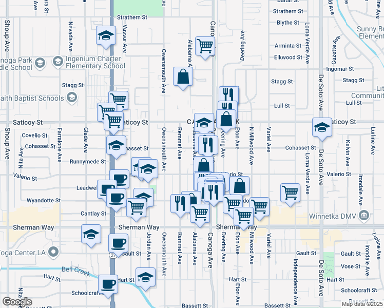 map of restaurants, bars, coffee shops, grocery stores, and more near 7449 Alabama Avenue in Los Angeles