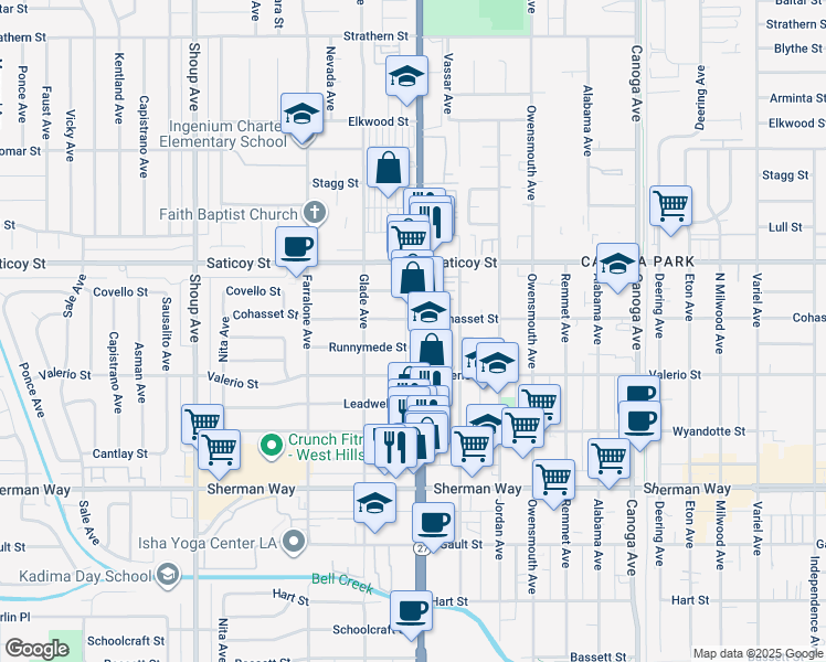 map of restaurants, bars, coffee shops, grocery stores, and more near 7451 Topanga Canyon Boulevard in Los Angeles