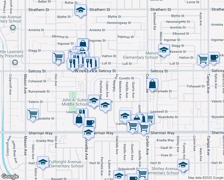 map of restaurants, bars, coffee shops, grocery stores, and more near 7447 Oakdale Avenue in Los Angeles