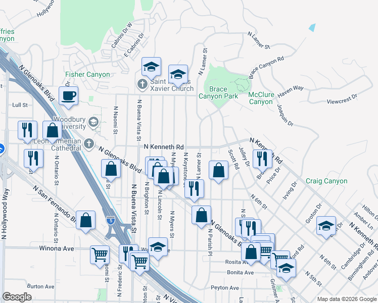map of restaurants, bars, coffee shops, grocery stores, and more near 2640 North Keystone Street in Burbank