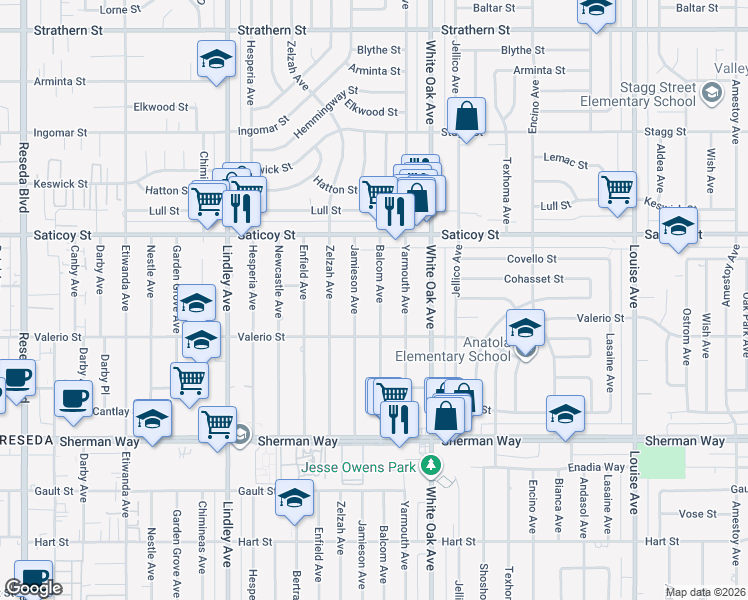 map of restaurants, bars, coffee shops, grocery stores, and more near 7445 Balcom Avenue in Los Angeles