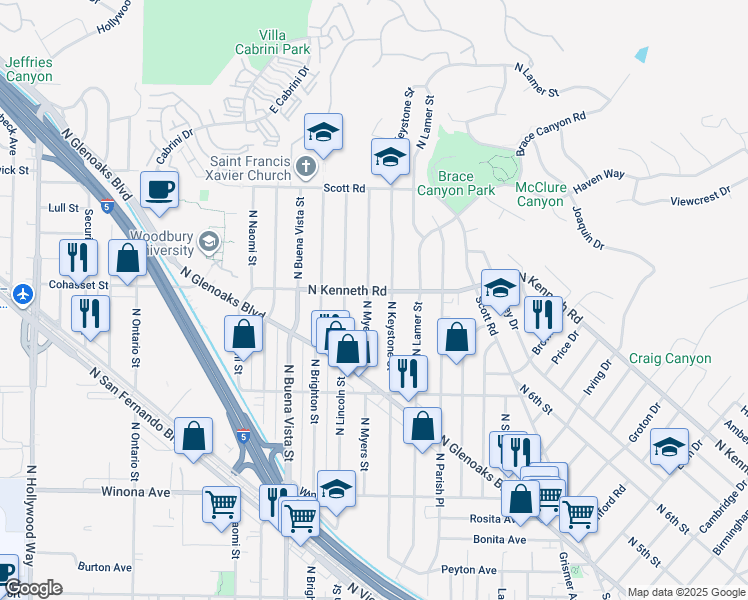 map of restaurants, bars, coffee shops, grocery stores, and more near 2740 North Myers Street in Burbank